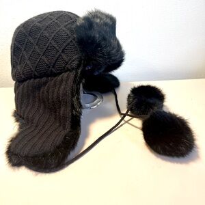 Surell Knit Hat, Pom Pom’s, Rabbit Fur, Flattering,Black, Ear Flaps, Warm & Cozy